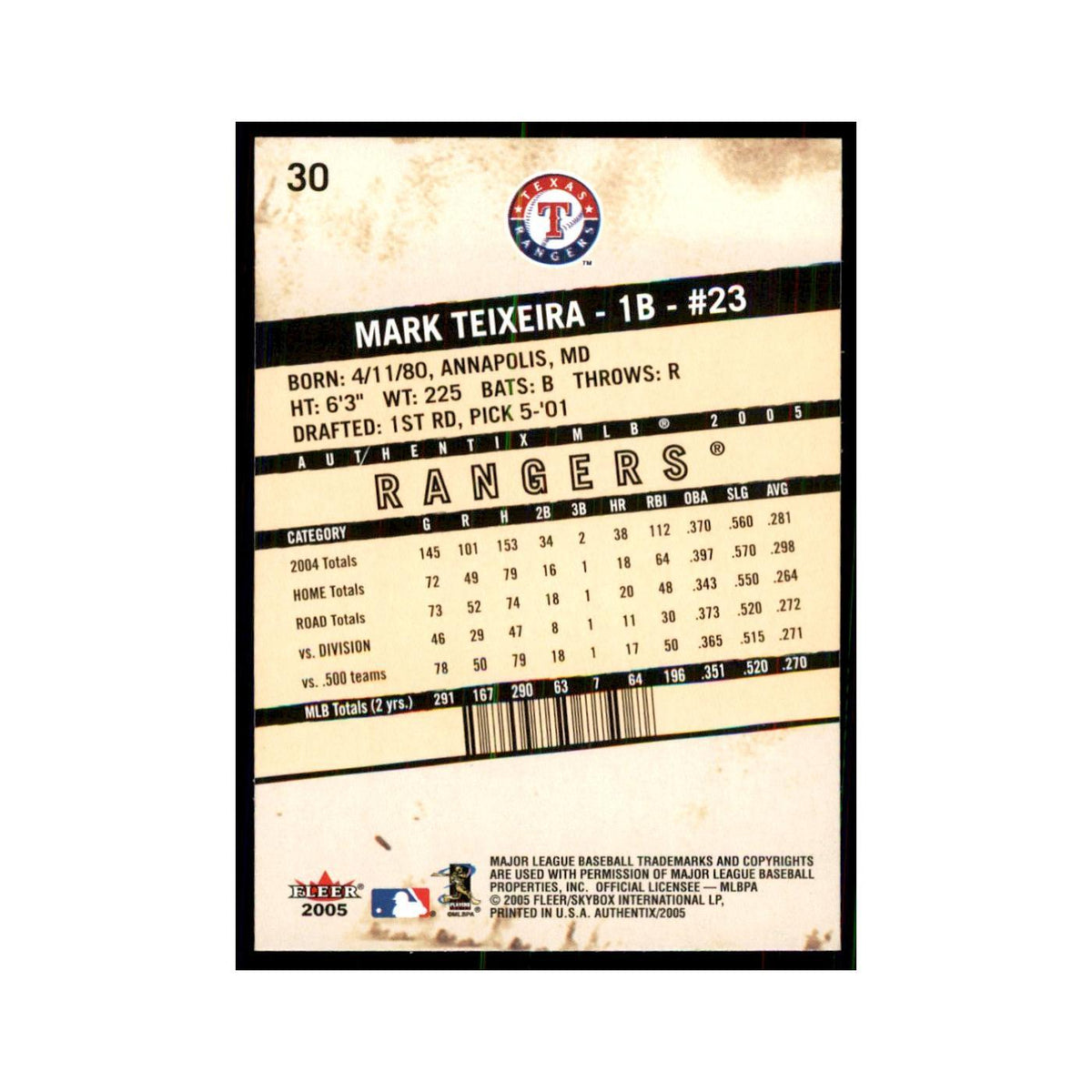 2005 Fleer Authentix Mark Teixeira Rangers #30