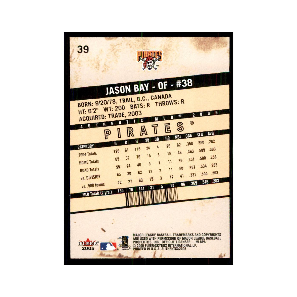 2005 Fleer Authentix Jason Bay Pirates #39