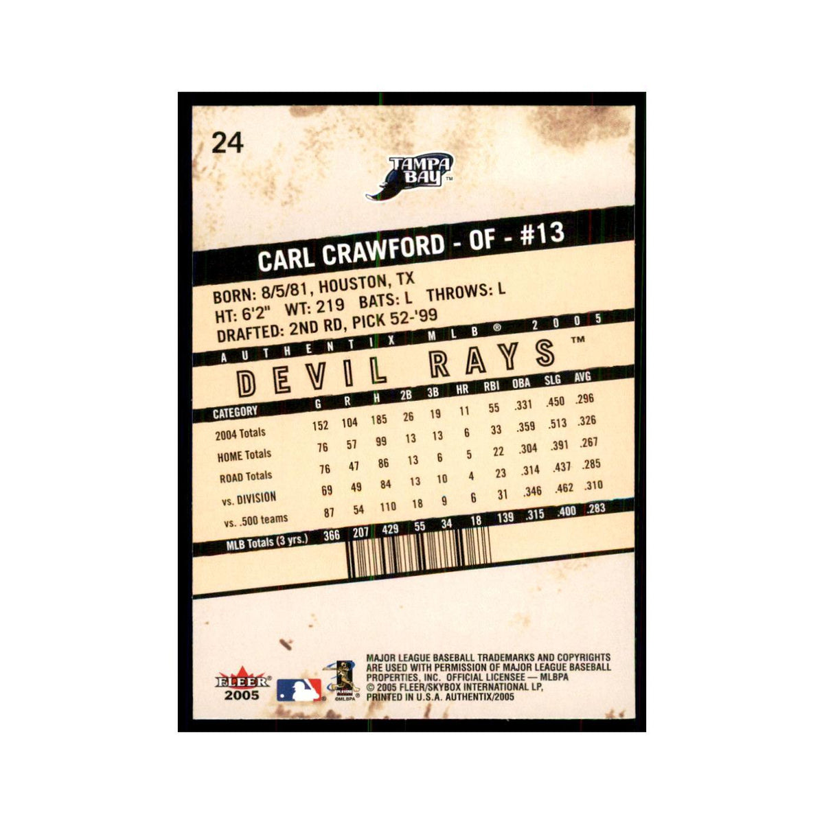 2005 Fleer Authentix Carl Crawford Rays #24