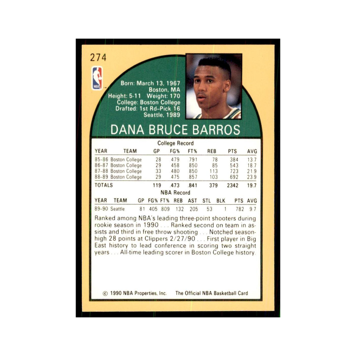 1990 NBA Hoops Dana Barros RC Basketball Cards #274