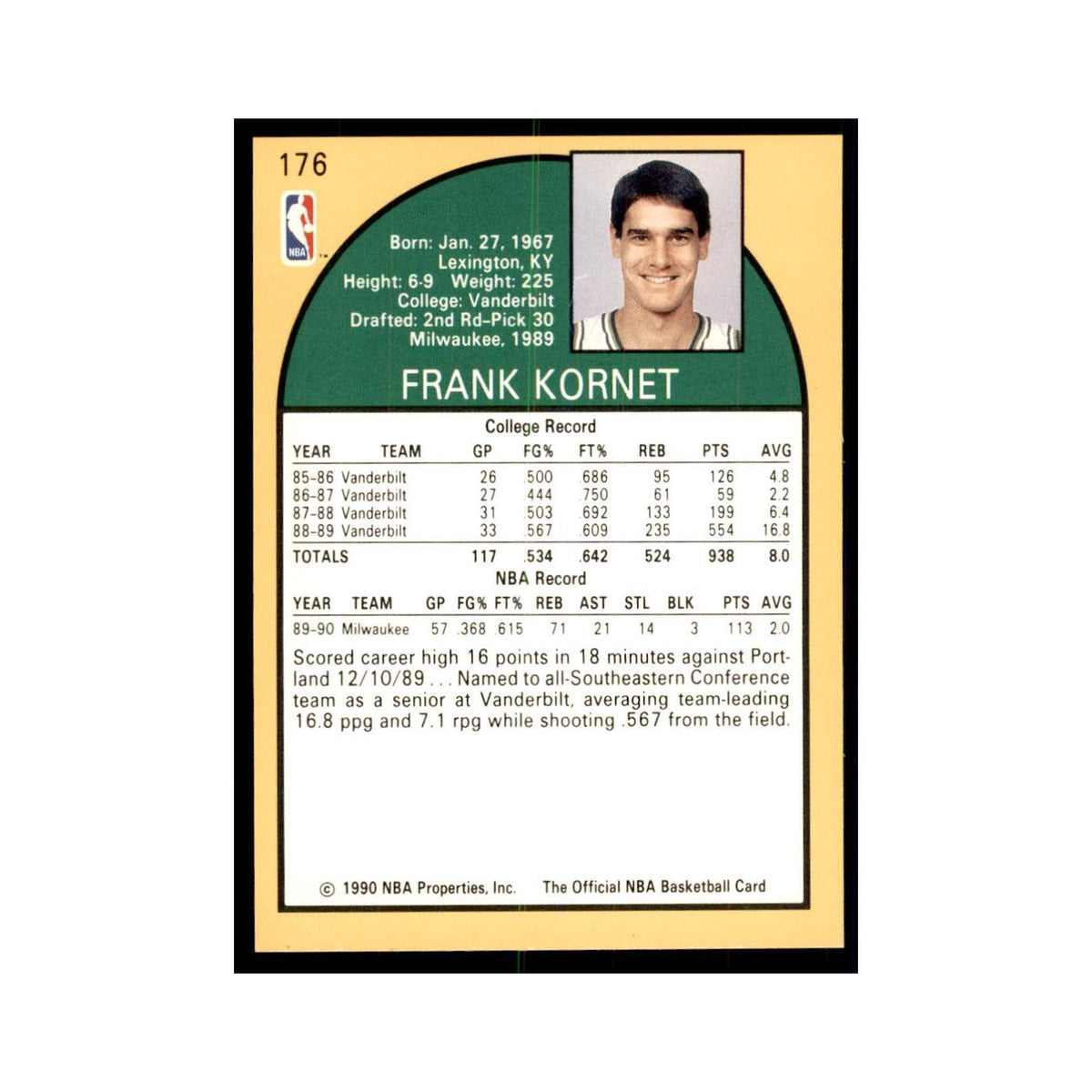 1990 NBA Hoops Frank Kornet RC Basketball Cards #176