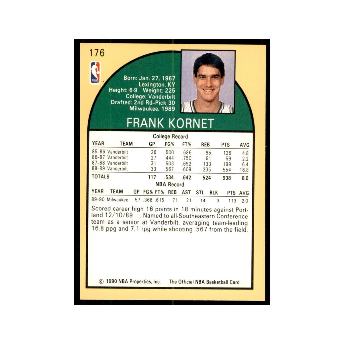 1990 NBA Hoops Frank Kornet RC Basketball Cards #176