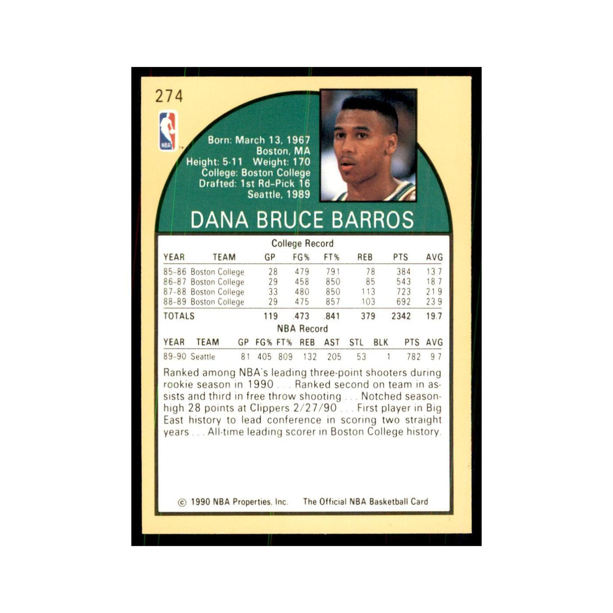 1990 NBA Hoops Dana Barros RC Basketball Cards #274