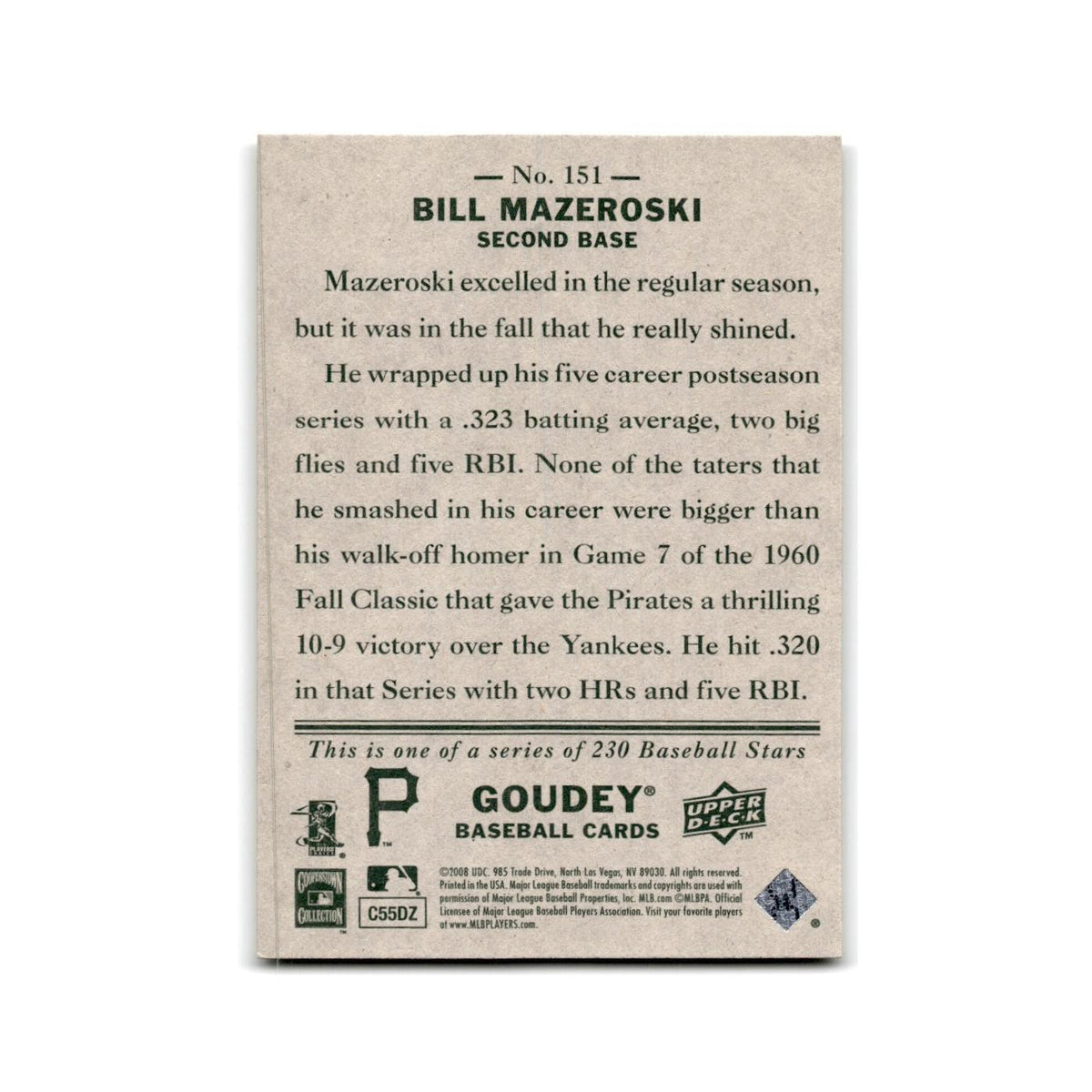 2008 Upper Deck Goudey Bill Mazeroski Pirates #151