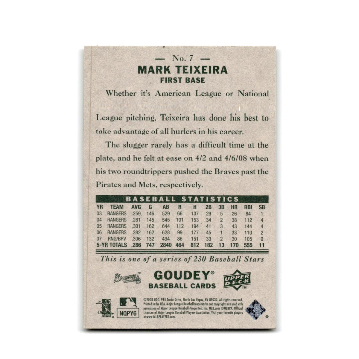 2008 Upper Deck Goudey Mark Teixeira Braves #7
