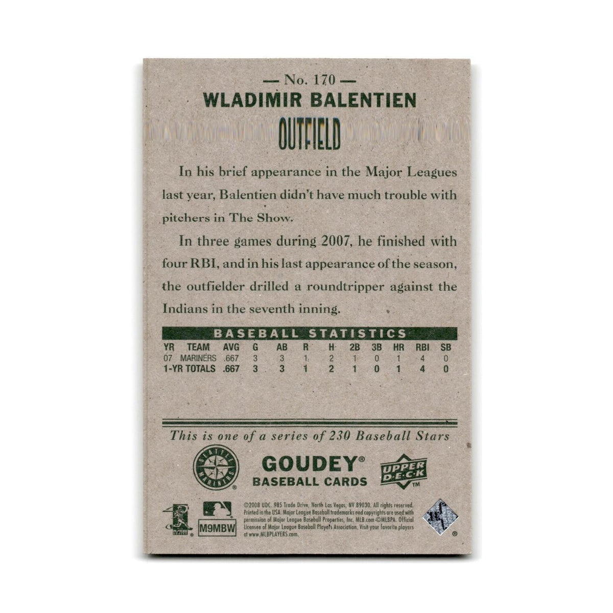 2008 Upper Deck Goudey Wladimir Balentien Mariners #170
