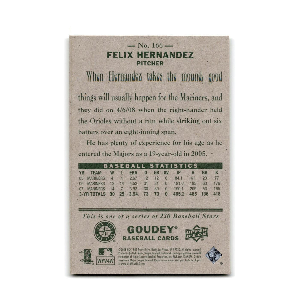 2008 Upper Deck Goudey Felix Hernandez Mariners #166
