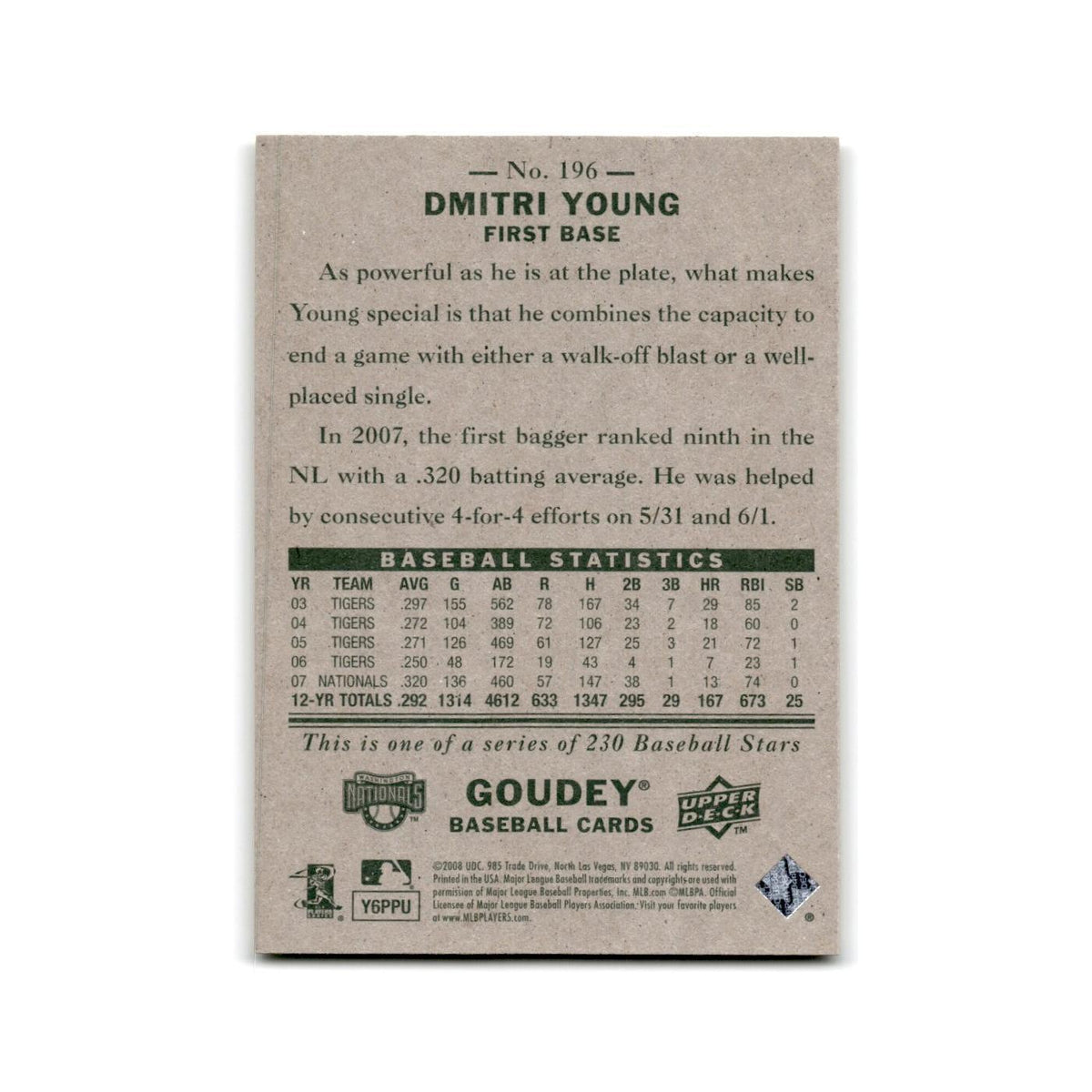 2008 Upper Deck Goudey Dmitri Young Nationals #196