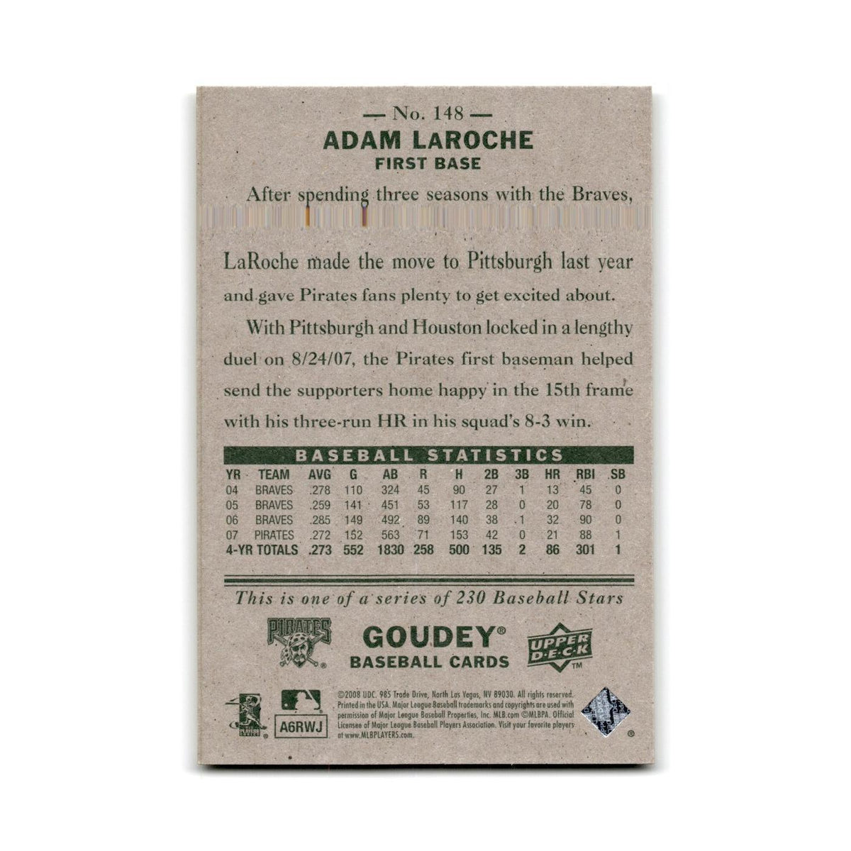 2008 Upper Deck Goudey Adam LaRoche Pirates #148