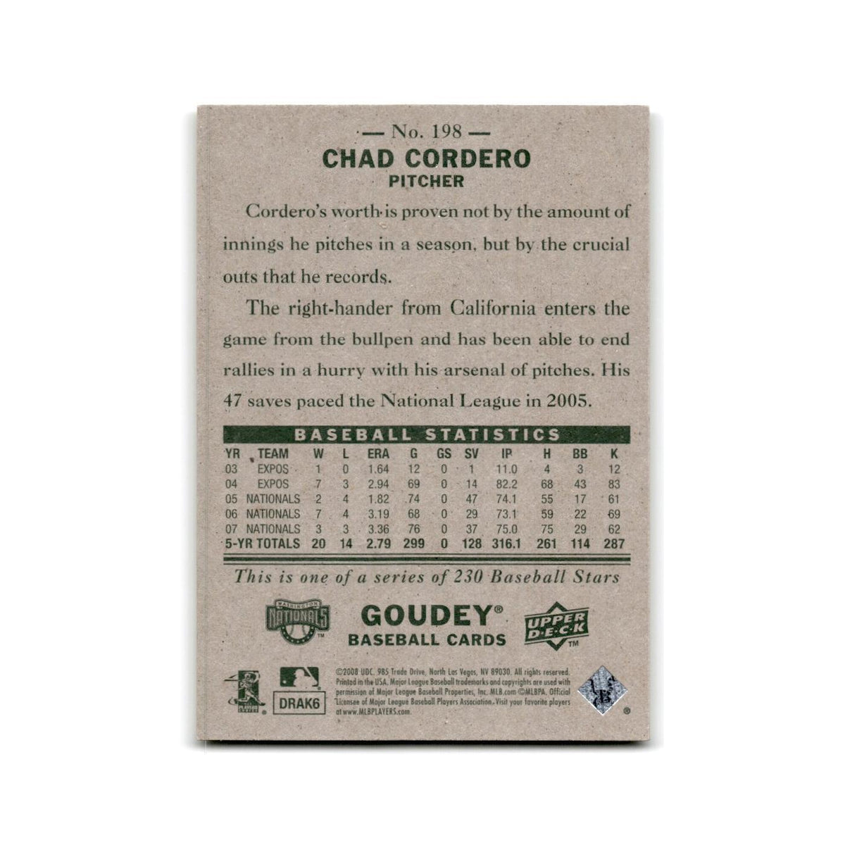 2008 Upper Deck Goudey Chad Cordero Nationals #198