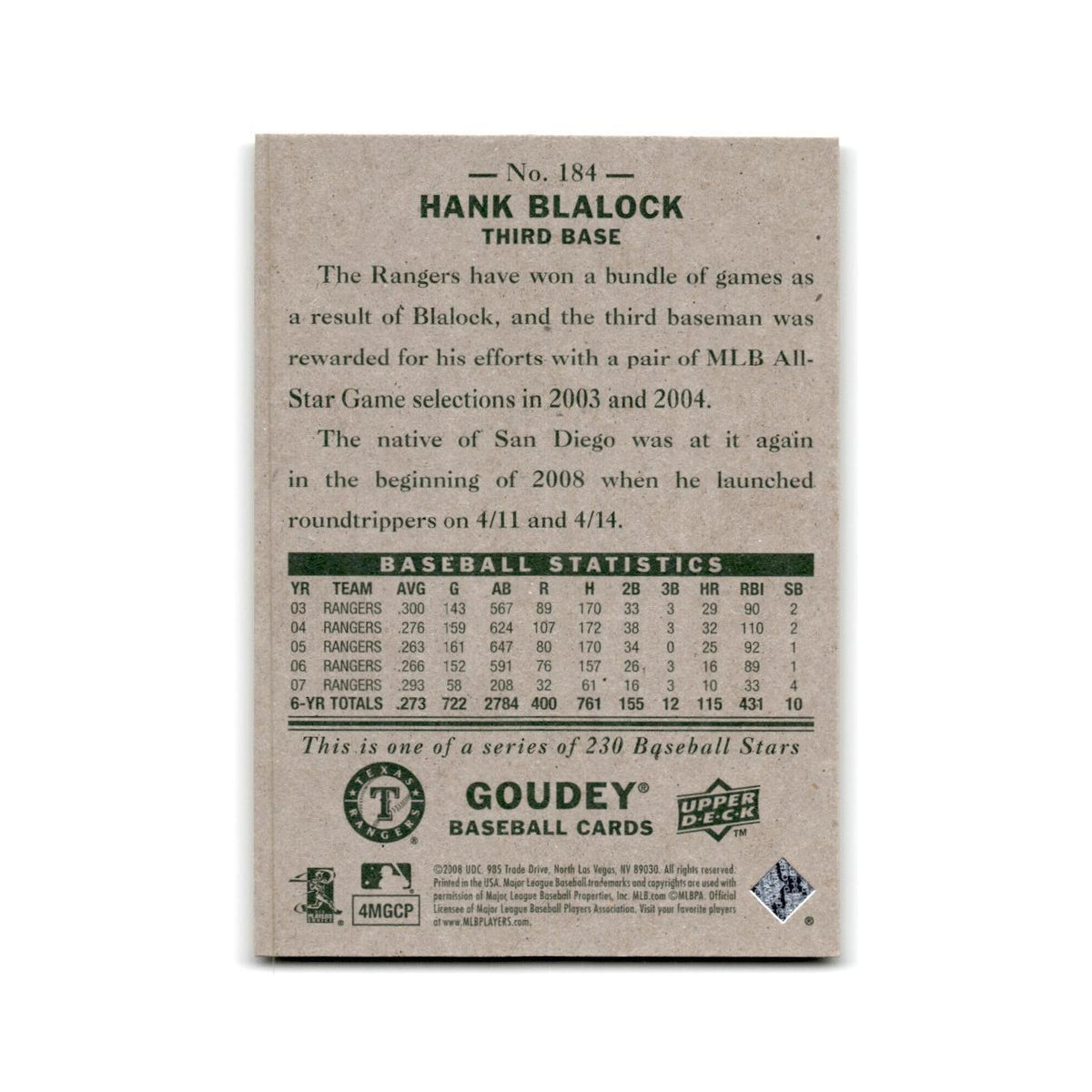 2008 Upper Deck Goudey Hank Blalock Rangers #184