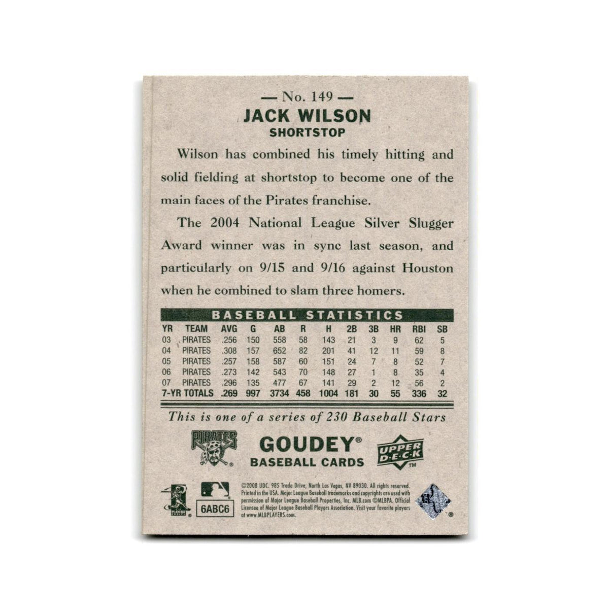 2008 Upper Deck Goudey Jack Wilson Pirates #149