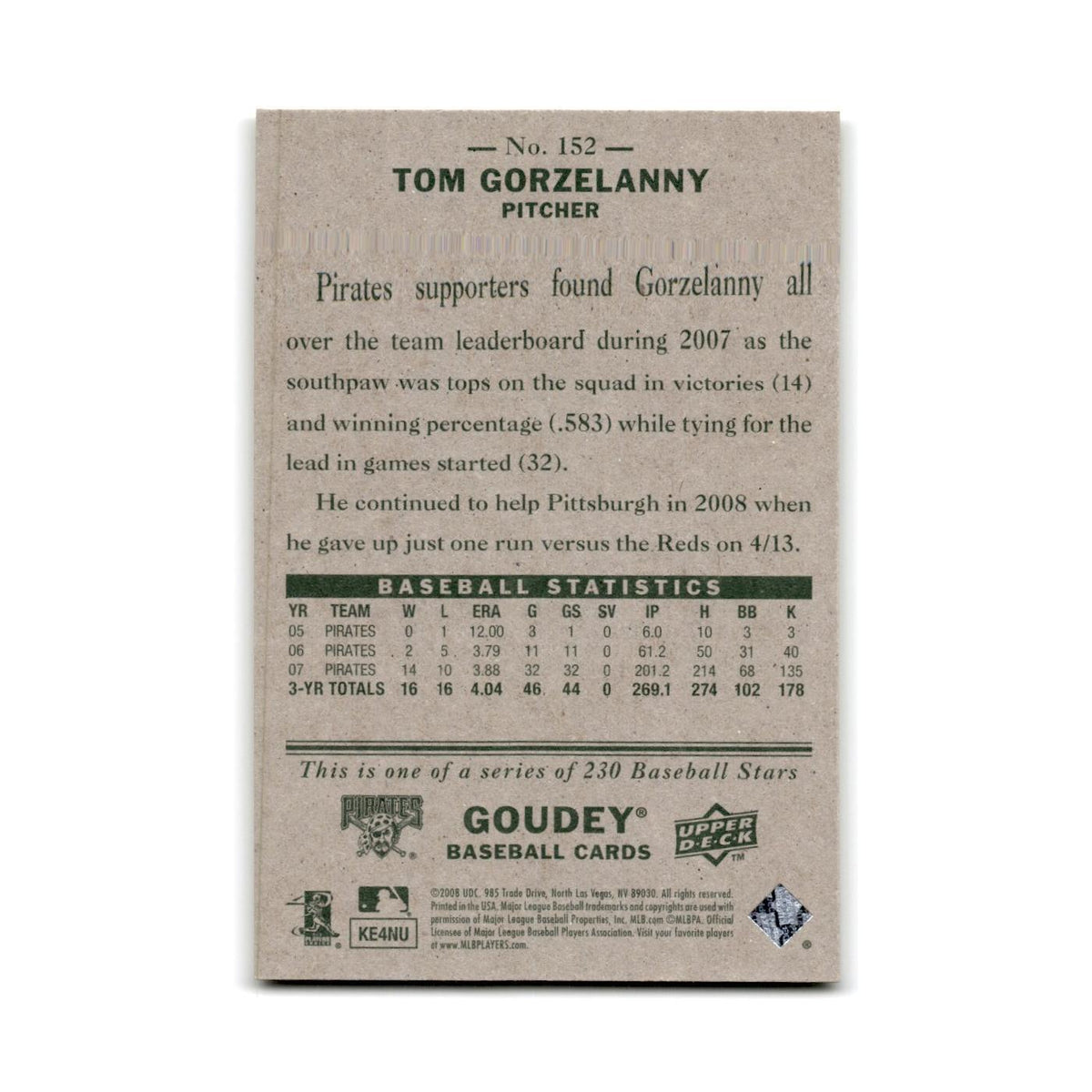 2008 Upper Deck Goudey Tom Gorzelanny Pirates #152