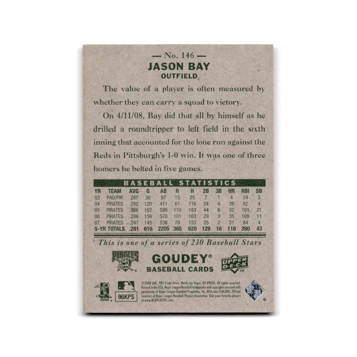 2008 Upper Deck Goudey Jason Bay Pirates #146