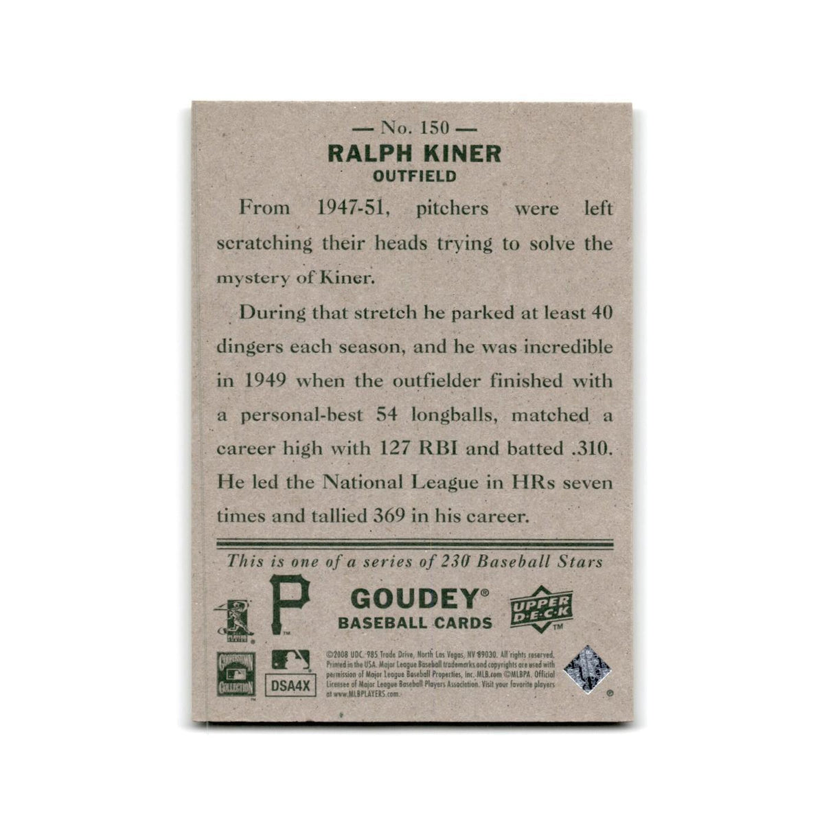 2008 Upper Deck Goudey Ralph Kiner Pirates #150
