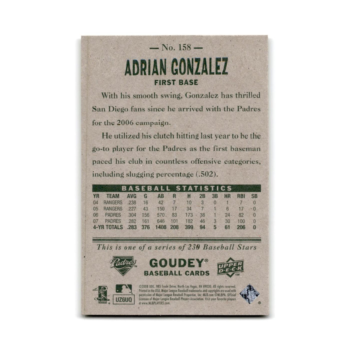 2008 Upper Deck Goudey Adrian Gonzalez Padres #158