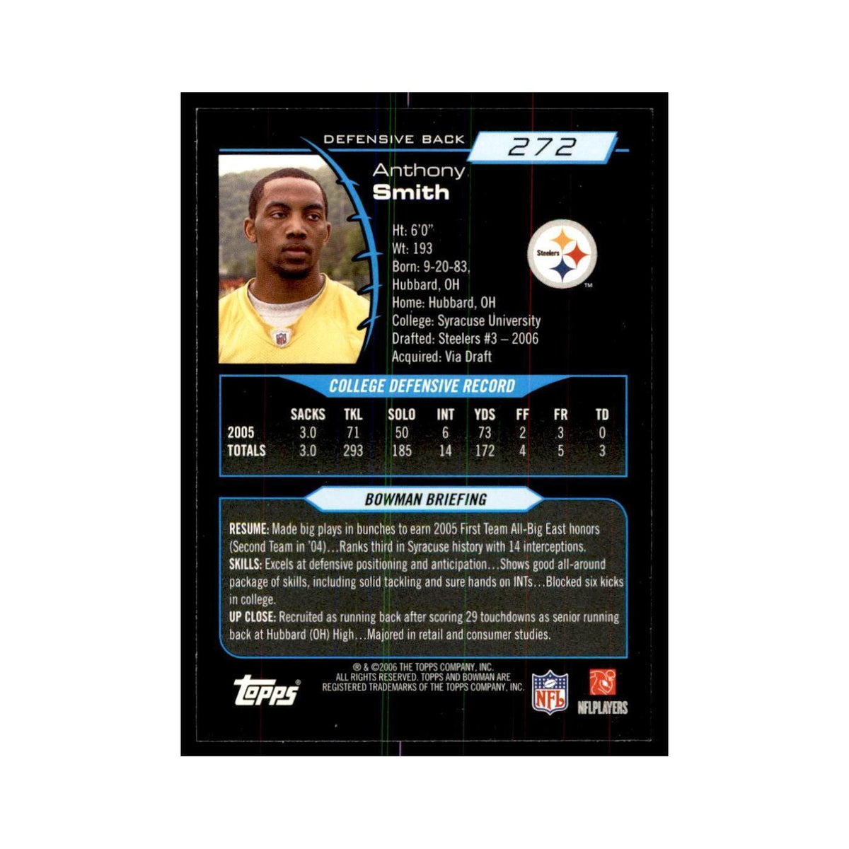2006 Bowman Anthony Smith Football Cards #272