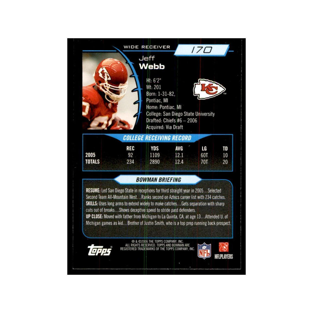 2006 Bowman Jeff Webb Football Cards #170