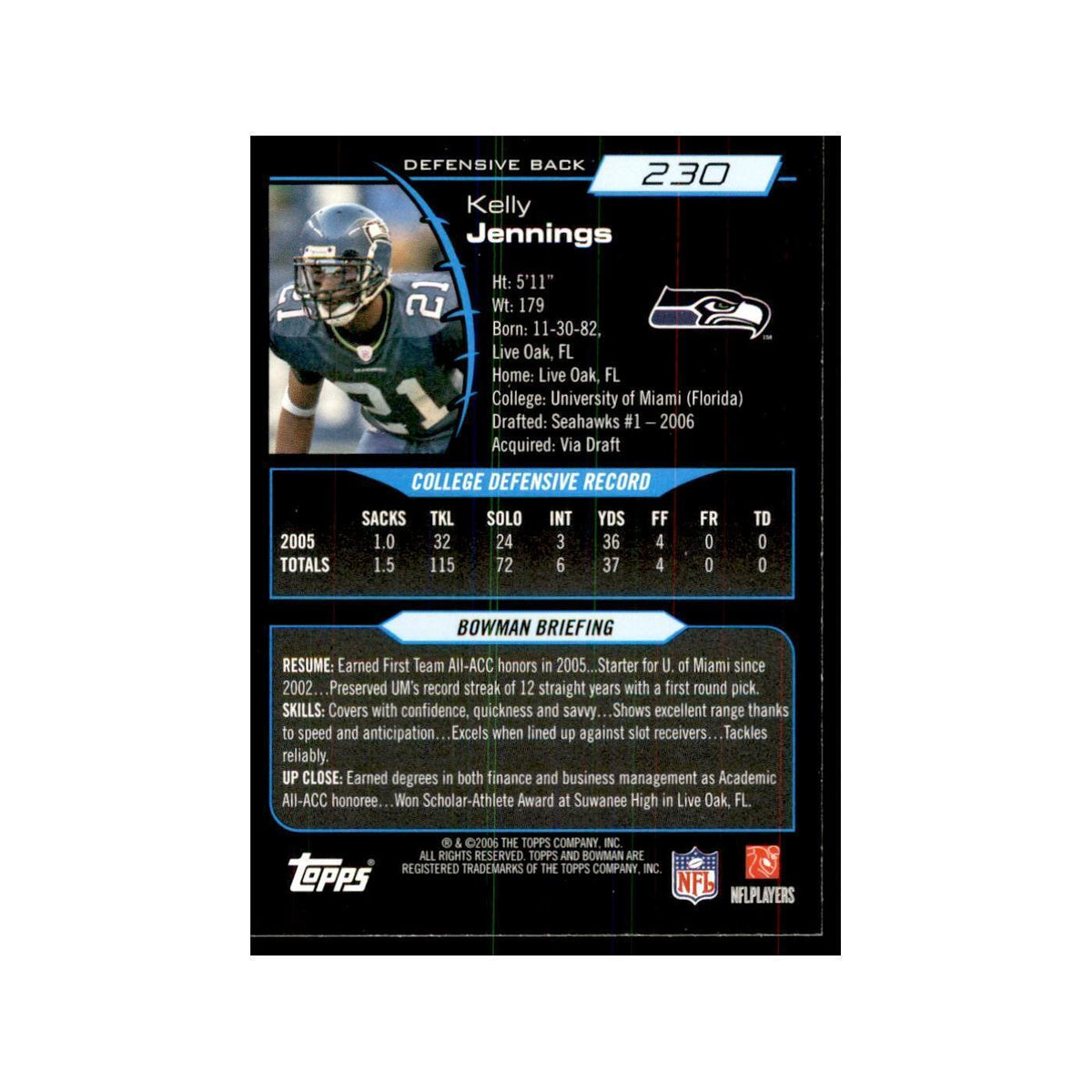 2006 Bowman Kelly Jennings Football Cards #230