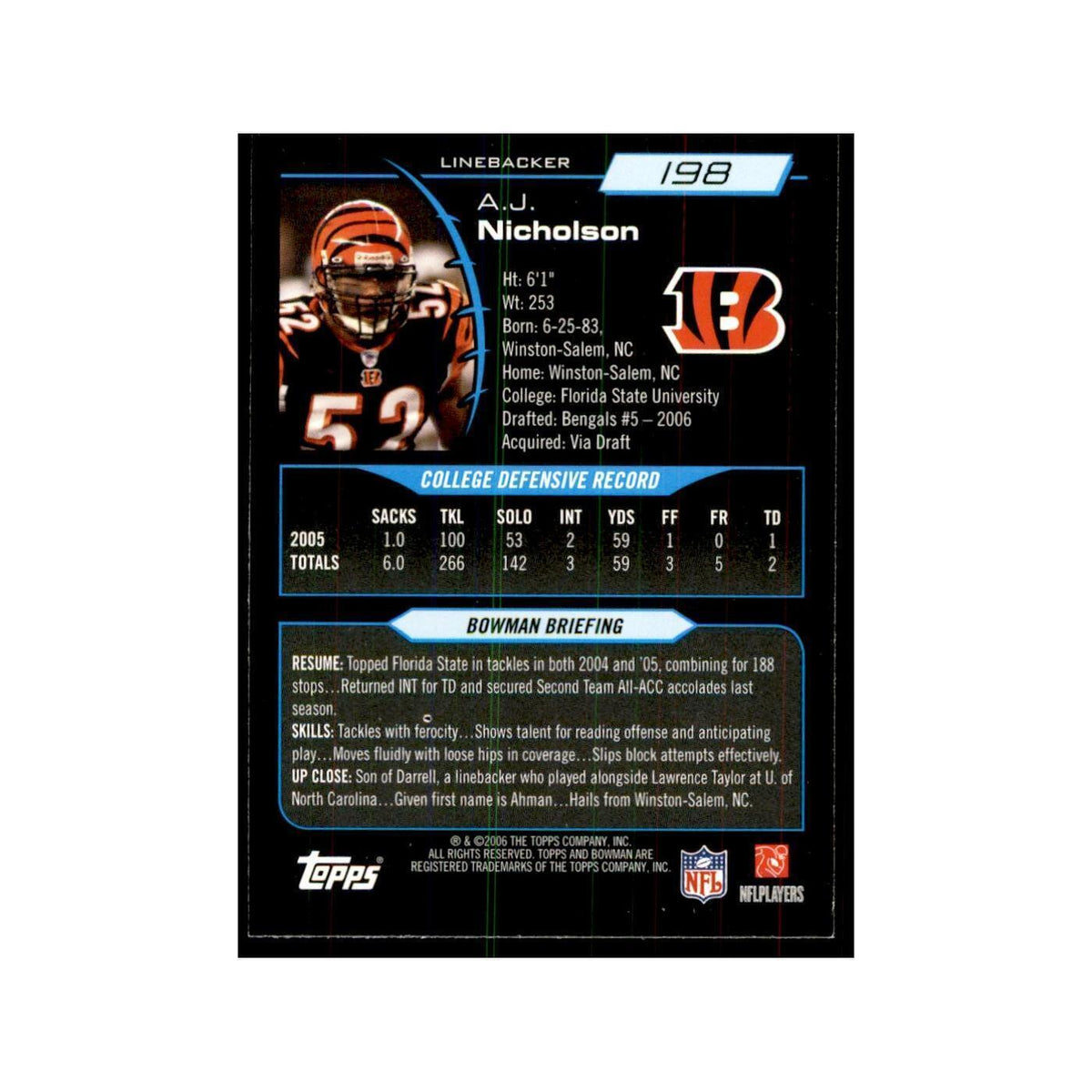 2006 Bowman A.J. Nicholson Football Cards #198