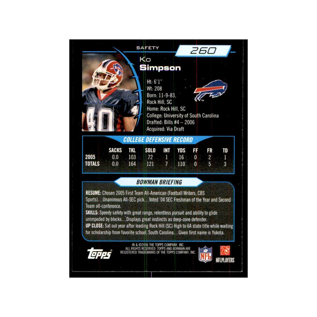 2006 Bowman Ko Simpson Football Cards #260