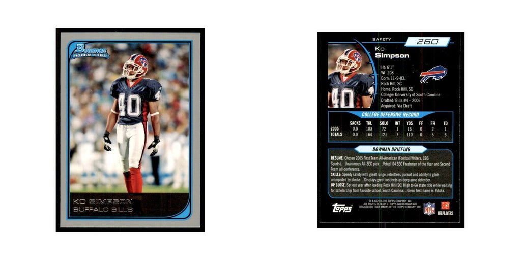 2006 Bowman Ko Simpson Football Cards #260