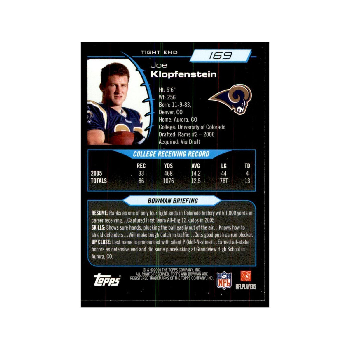 2006 Bowman Joe Klopfenstein Football Cards #169