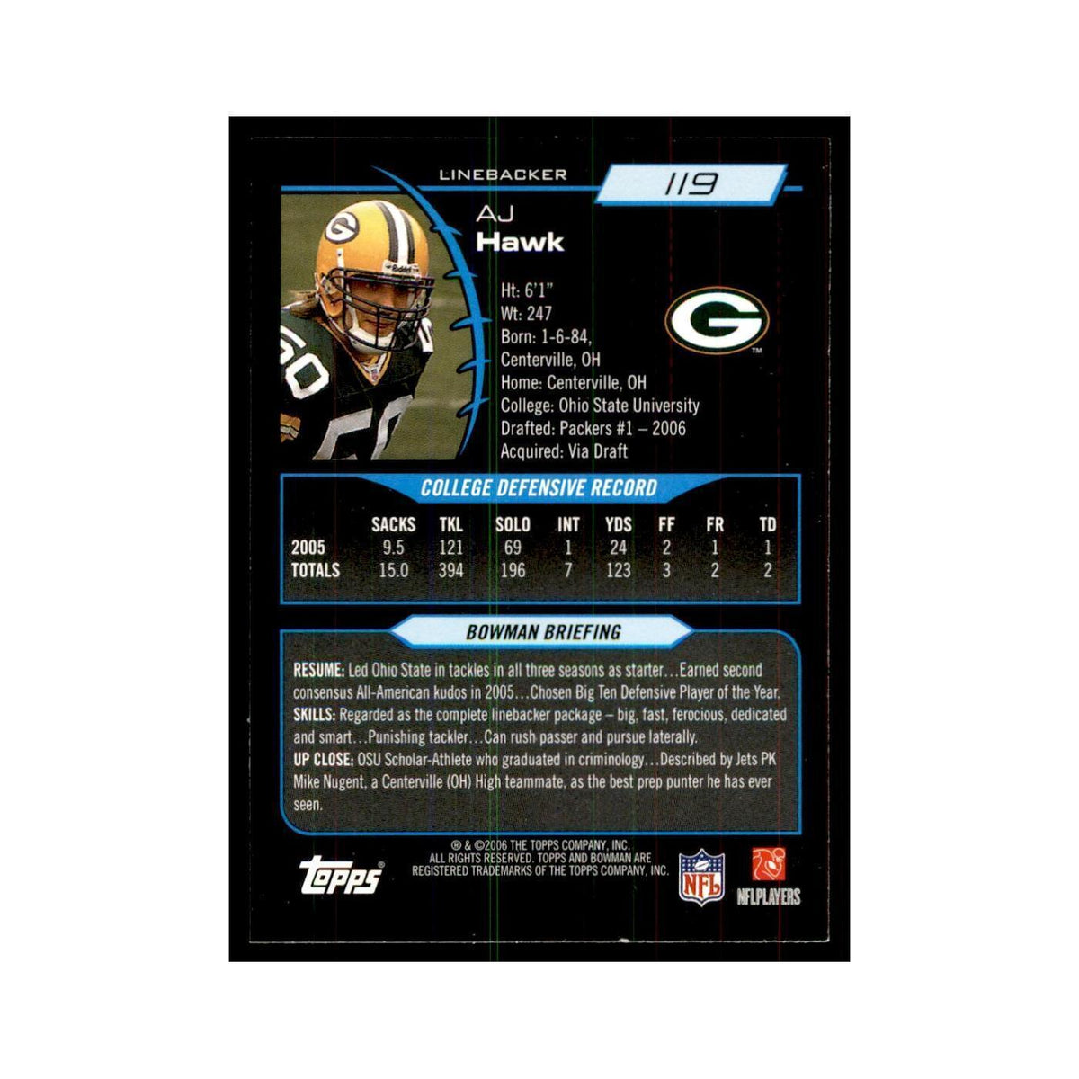 2006 Bowman A.J. Hawk Football Cards #119
