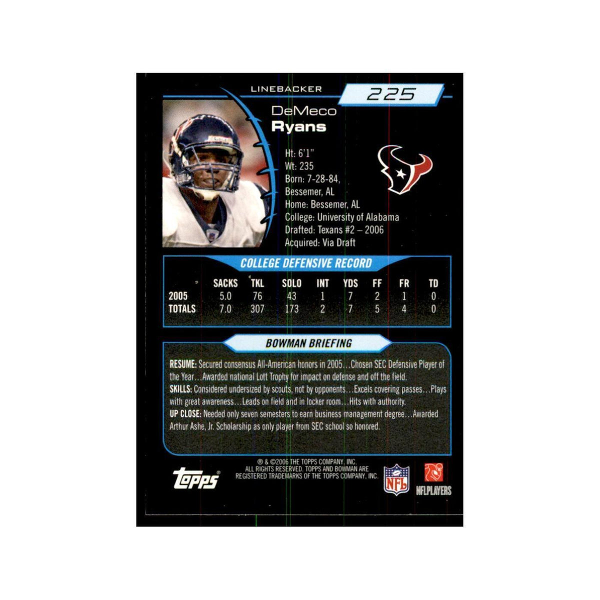 2006 Bowman DeMeco Ryans Football Cards #225