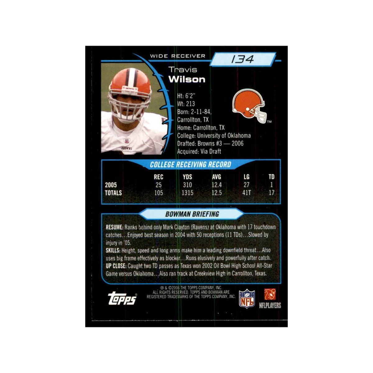 2006 Bowman Travis Wilson Football Cards #134