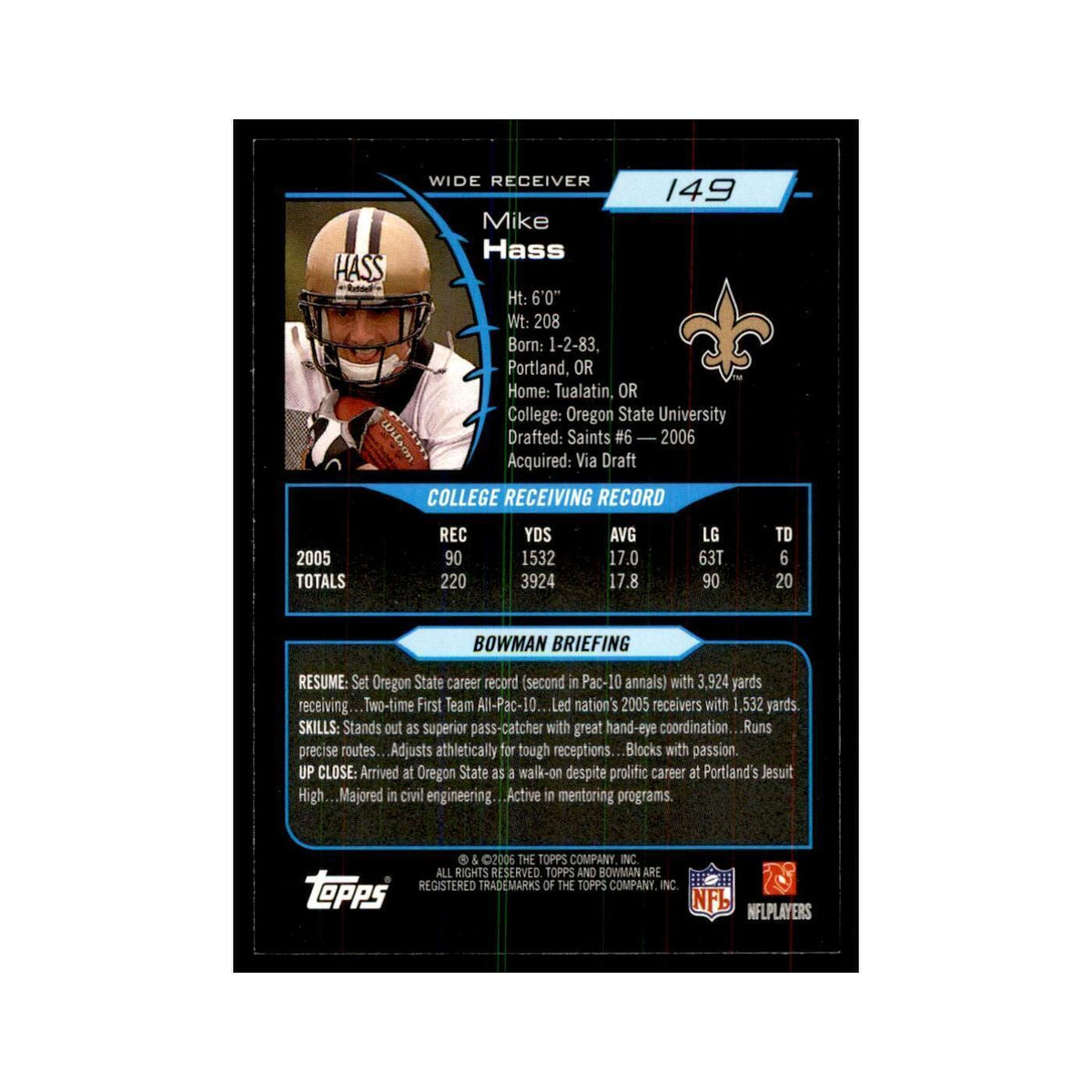 2006 Bowman Mike Hass Football Cards #149