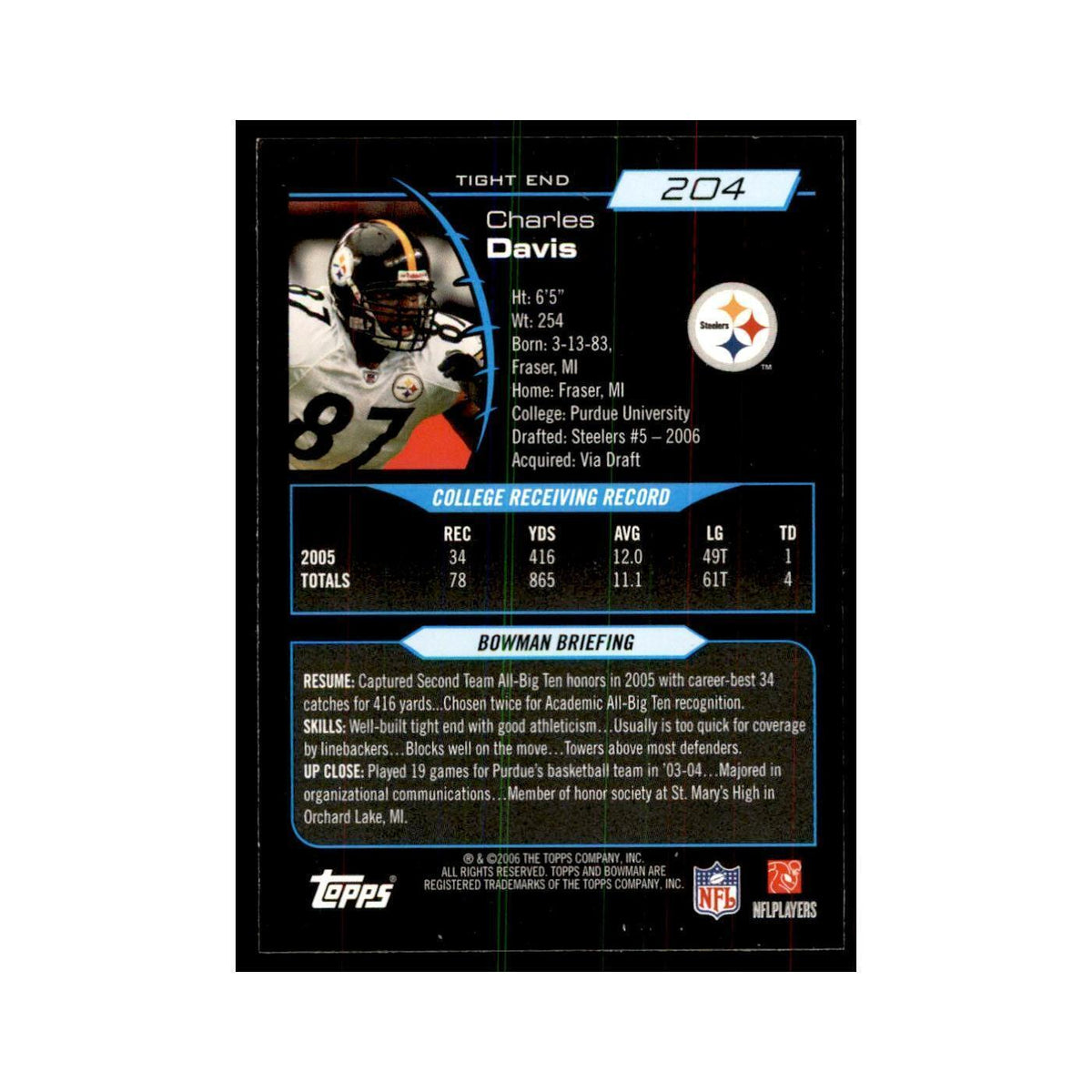 2006 Bowman Charles Davis Football Cards #204