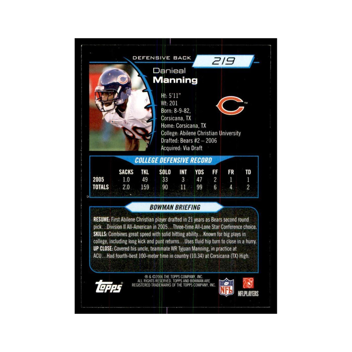2006 Bowman Danieal Manning Football Cards #219