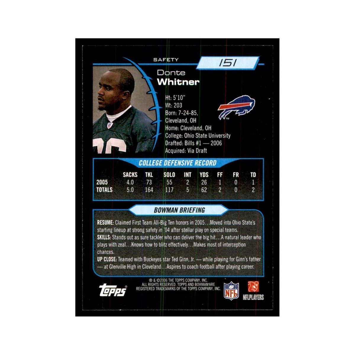 2006 Bowman Donte Whitner Football Cards #151