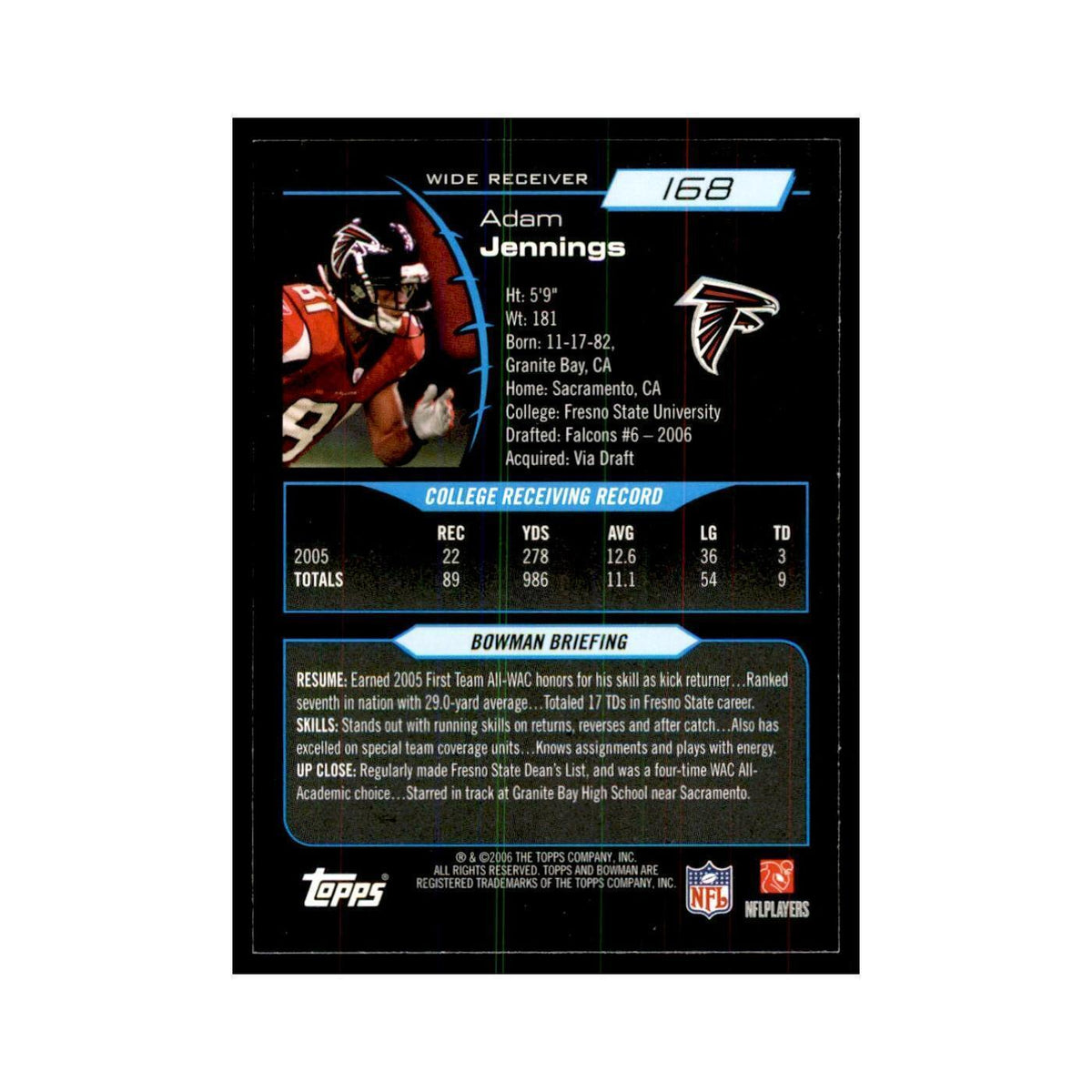 2006 Bowman Adam Jennings Football Cards #168