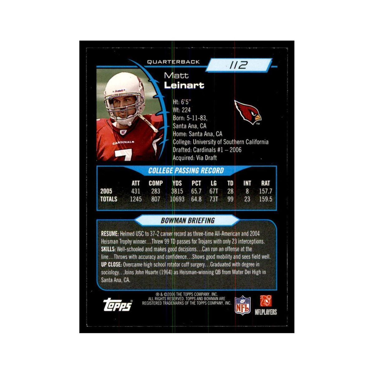 2006 Bowman Matt Leinart Football Cards #112