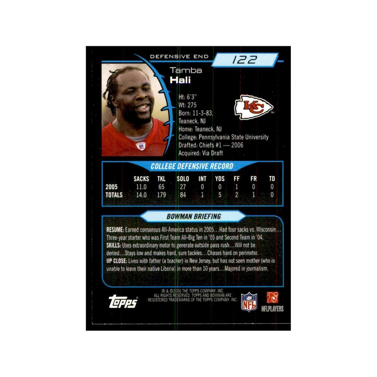 2006 Bowman Tamba Hali Football Cards #122