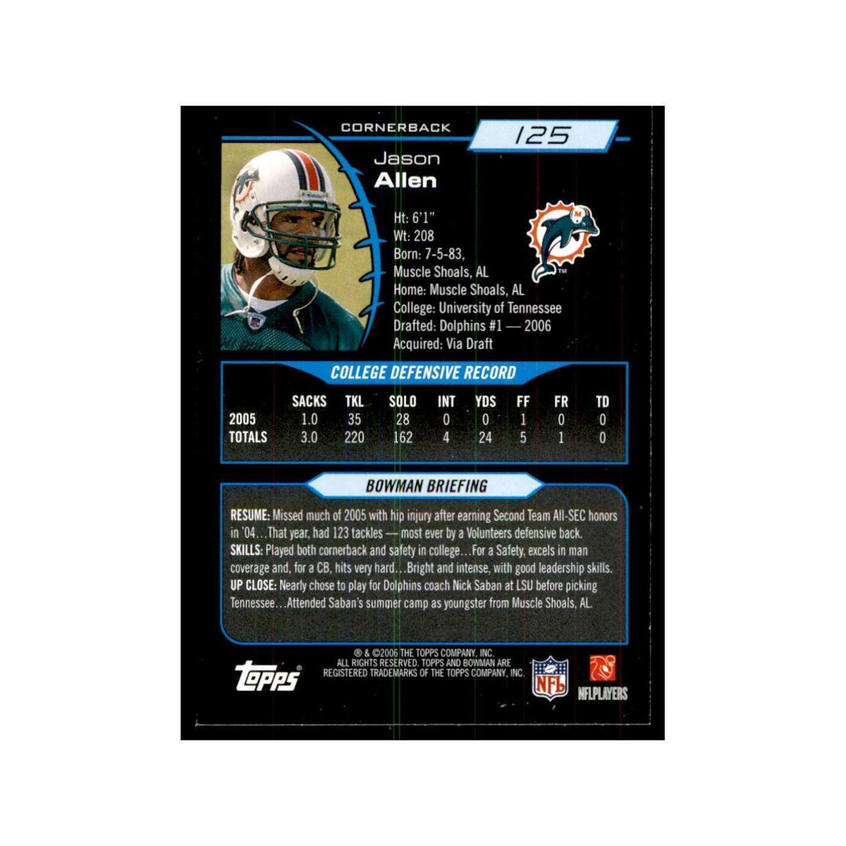 2006 Bowman Jason Allen Football Cards #125