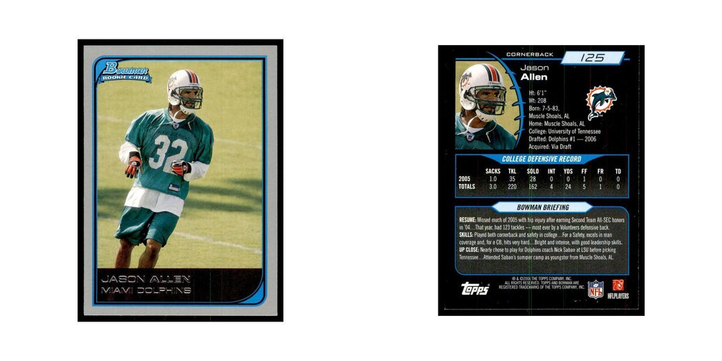 2006 Bowman Jason Allen Football Cards #125