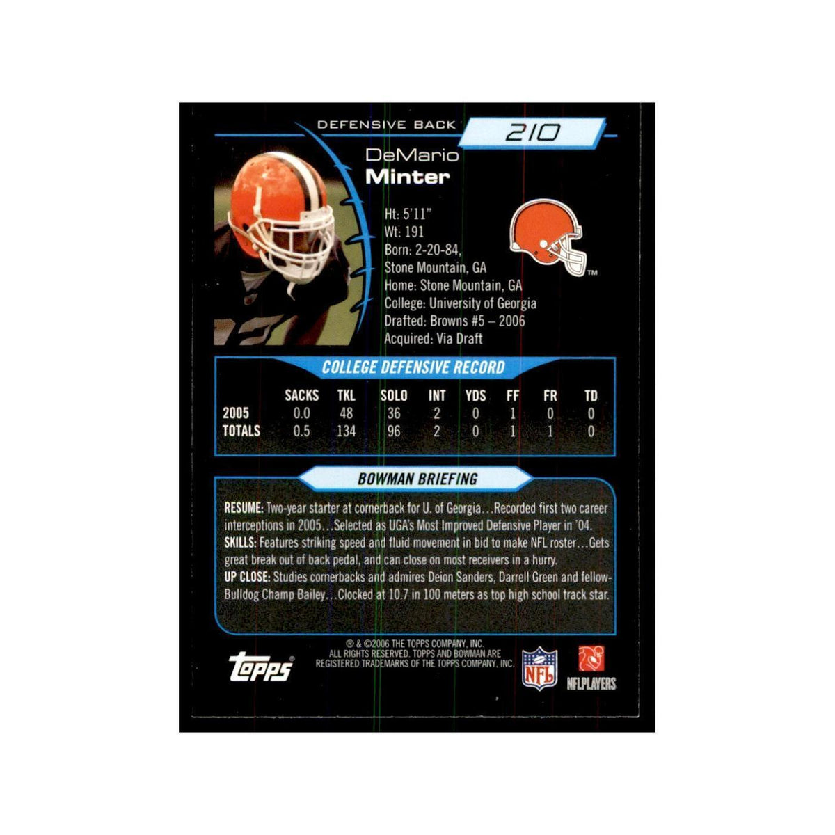 2006 Bowman Demario Minter Football Cards #210