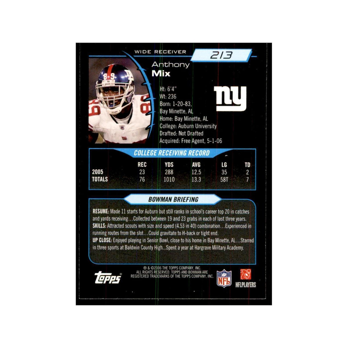 2006 Bowman Anthony Mix Football Cards #213