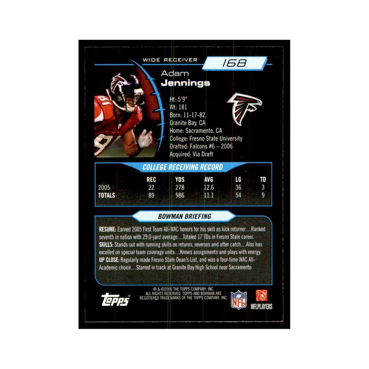 2006 Bowman Adam Jennings Football Cards #168