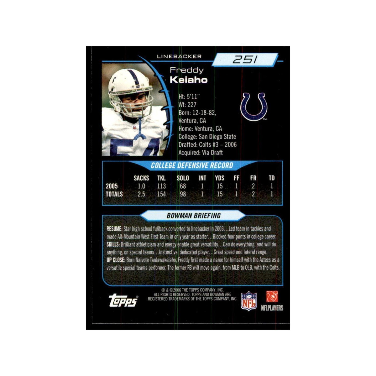 2006 Bowman Freddy Keiaho Football Cards #251