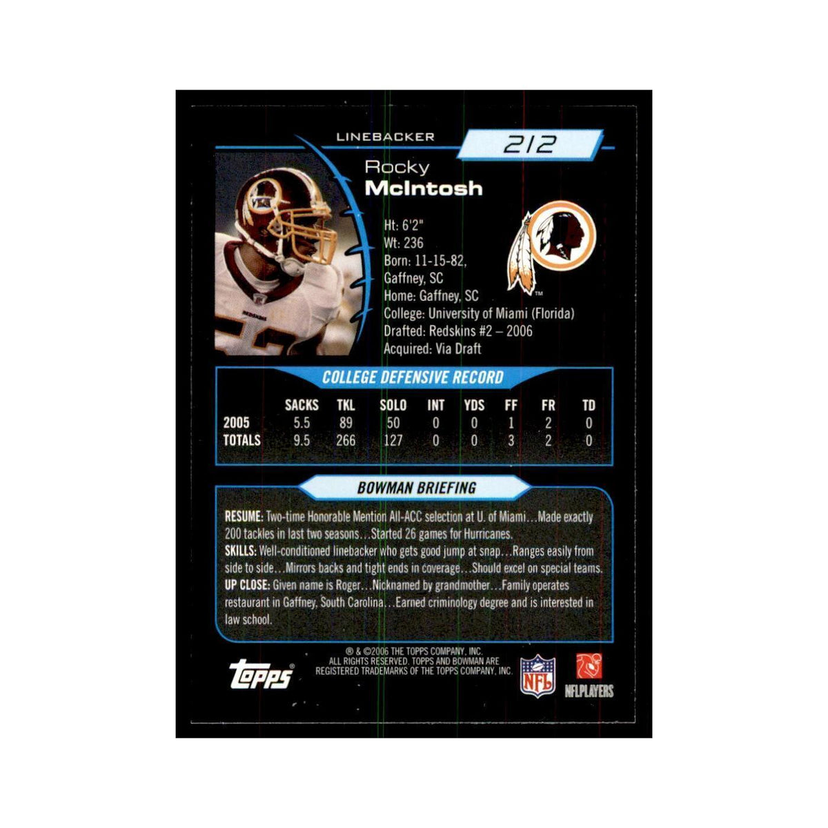 2006 Bowman Rocky Mcintosh Football Cards #212