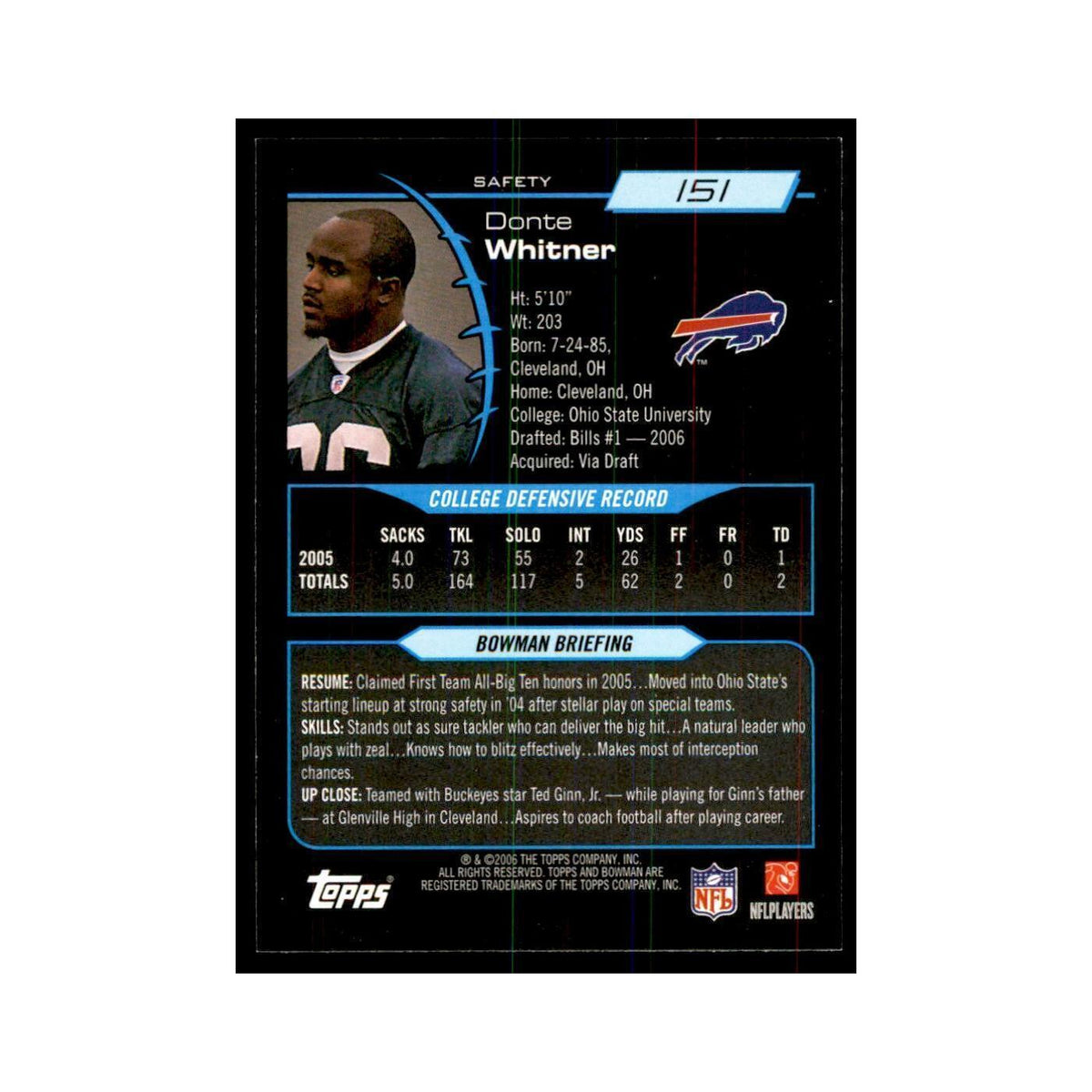 2006 Bowman Donte Whitner Football Cards #151