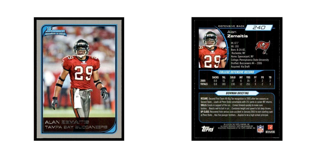2006 Bowman Alan Zemaitis Football Cards #240