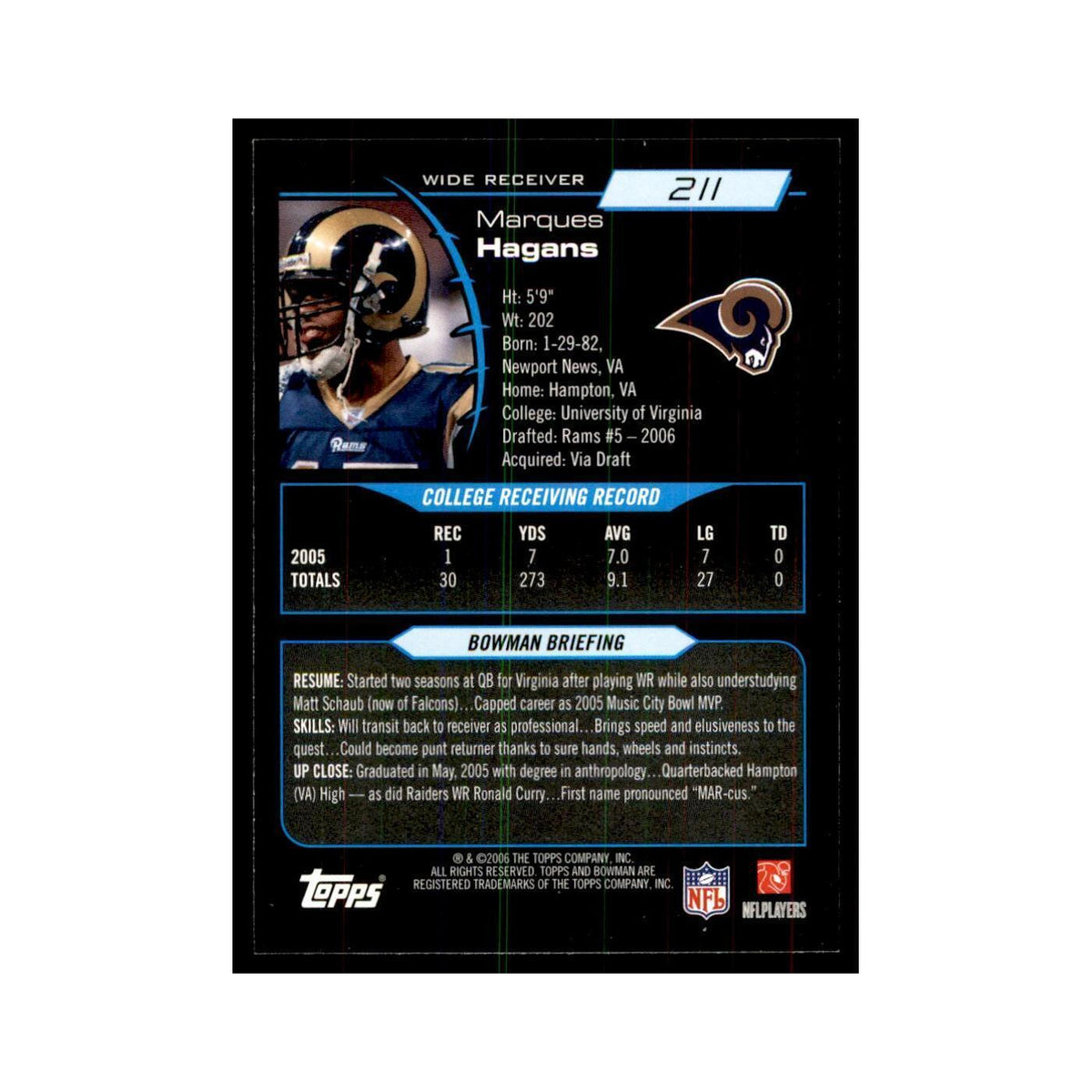 2006 Bowman Marques Hagans Football Cards #211