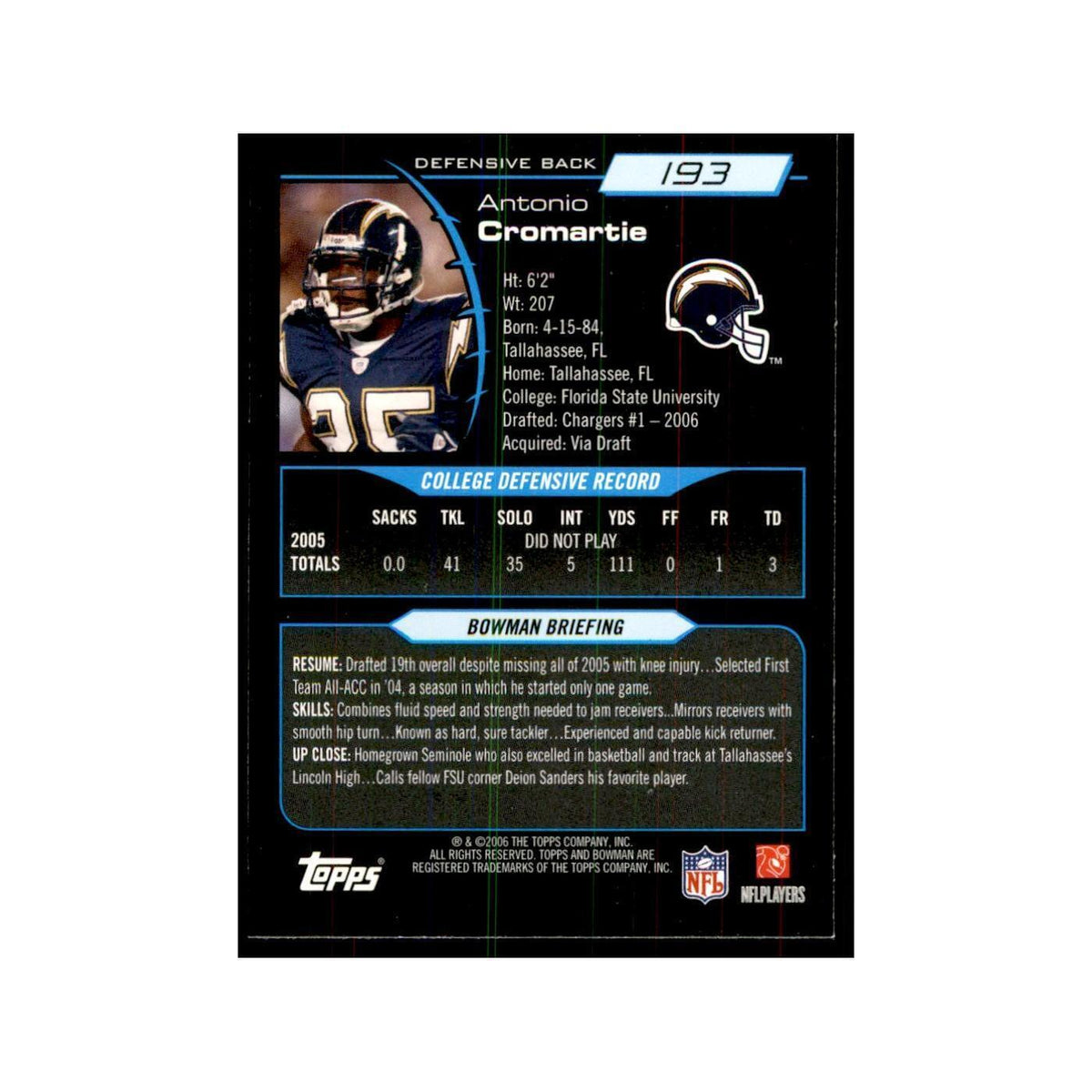 2006 Bowman Antonio Cromartie Football Cards #193