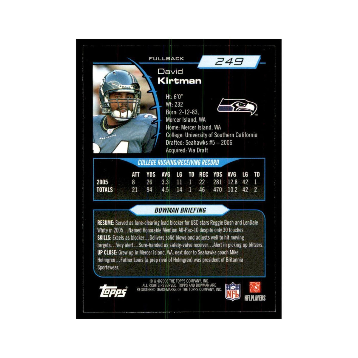 2006 Bowman David Kirtman Football Cards #249