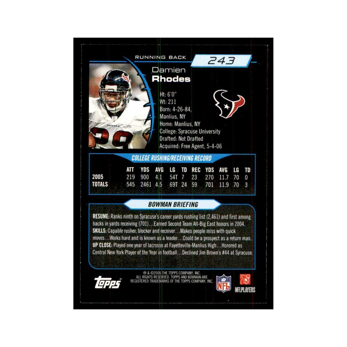 2006 Bowman Damien Rhodes Football Cards #243